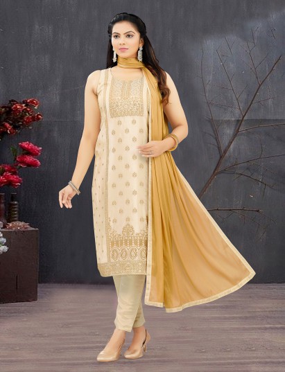 Printed cream dola silk stone zari work suit