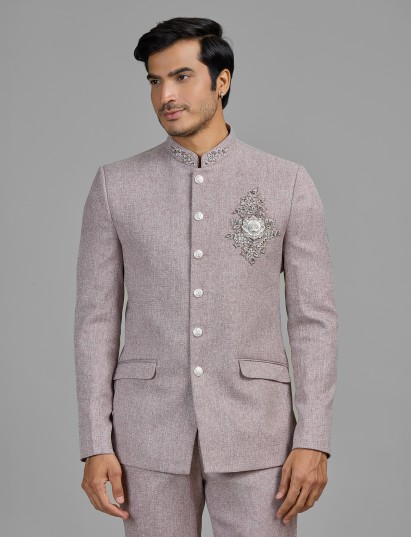Lilac terry rayon jodhpuri suit with embellished crest