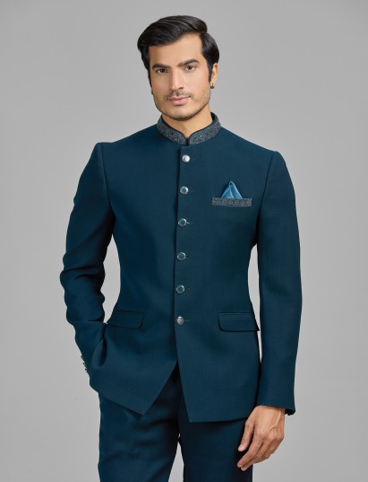 Teal blue terry rayon jodhpuri suit for wedding wear