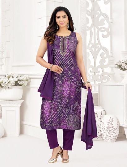 Purple bandhej silk embroidered festive straight suit