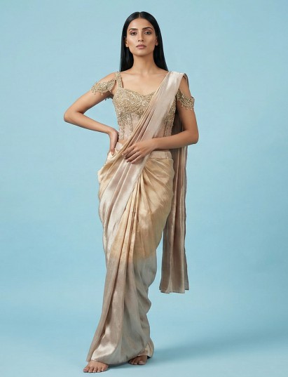 Cream gold chiffon shaded designer ready to wear saree