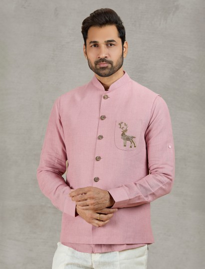 Pastel pink linen waistcoat set with embellished crest detail
