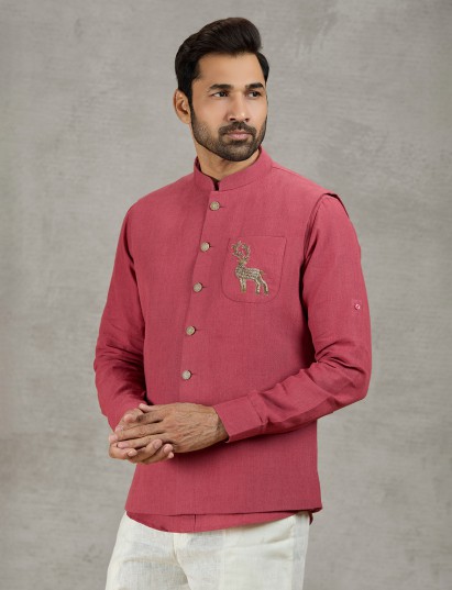 Gajri red linen waistcoat set for festive wear