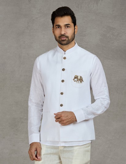 White linen waistcoat set with intricate zardosi work