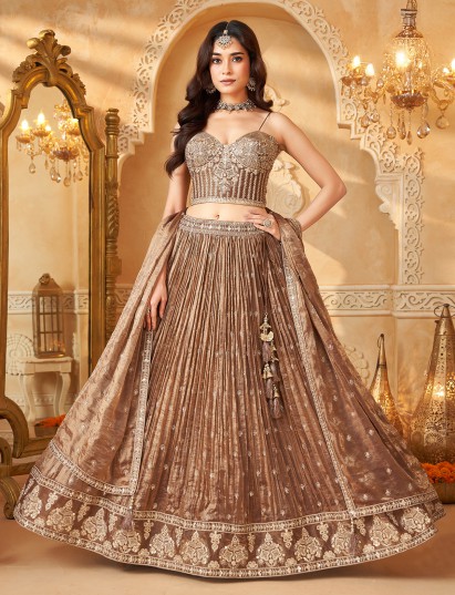 Pastel beige tissue silk embellished designer lehenga choli