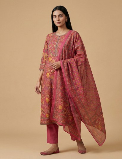Pink cotton kurti set highlighted with vibrant all over prints