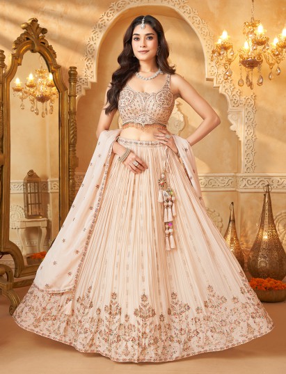Cream chiffon silk embroidered mirror work lehenga choli