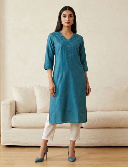 Aqua blue cotton silk embroidered casual kurti