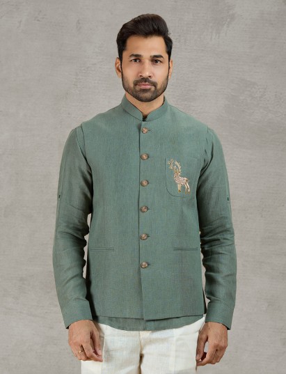 Festive green linen waistcoat shirt set with refined detailing