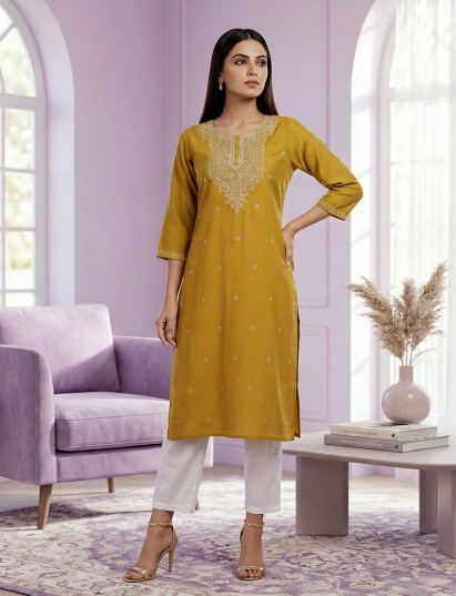 Yellow cotton silk embroidered straight fit kurti