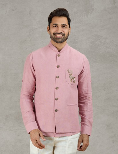 Pastel pink linen waistcoat shirt set with ornate crest embellishment