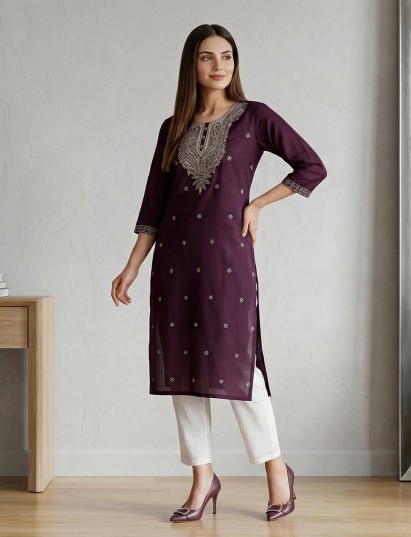 Purple cotton silk embroidered casual kurti design for women