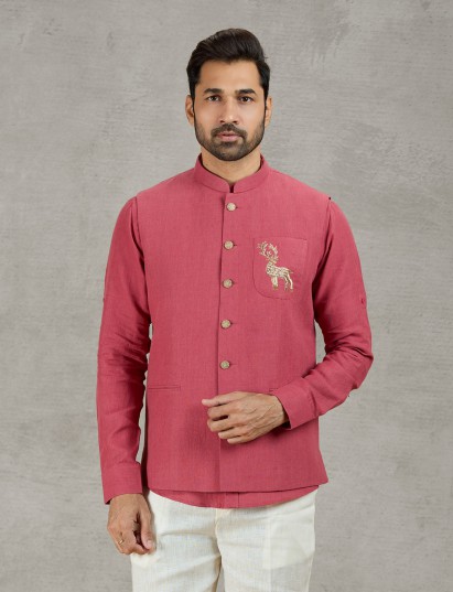 Gajri red linen waistcoat shirt set for vibrant festive styling