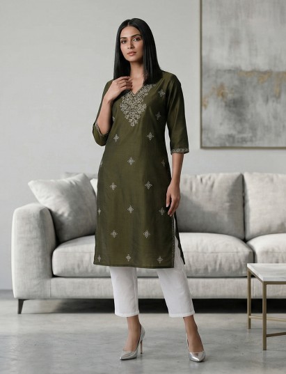Mehendi green cotton silk embroidered v neck kurti