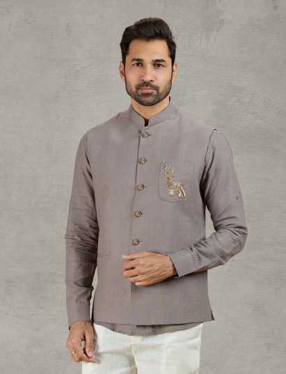 Grey linen waistcoat shirt set featuring intricate zardosi crest