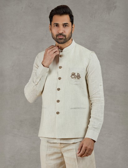 Beige linen waistcoat shirt set designed for refined festive elegance