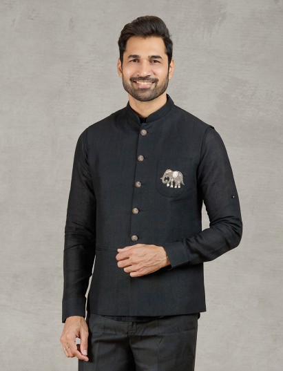 Black linen party wear waistcoat shirt set with ornate embellished crest