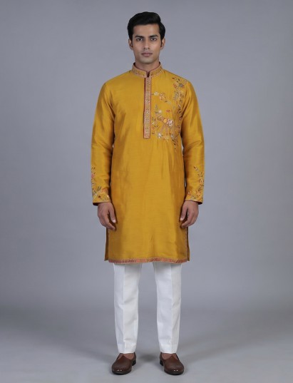 Mustard yellow silk embroidered haldi festive kurta set