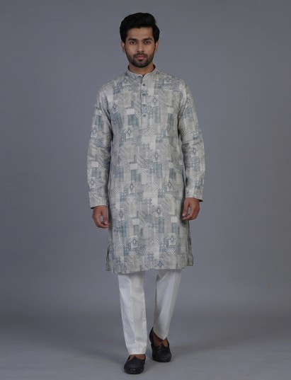 Stone blue textured cotton silk festive kurta set