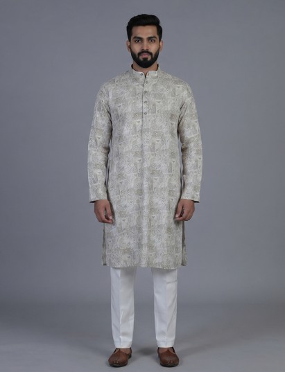 Beige printed cotton silk classic festive kurta set