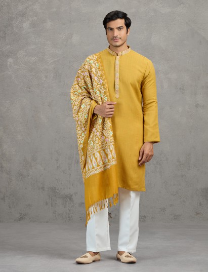 Mustard yellow silk pashmina festive kurta set with dupatta