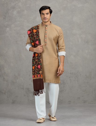 Beige silk pashmina refined festive kurta set with dupatta
