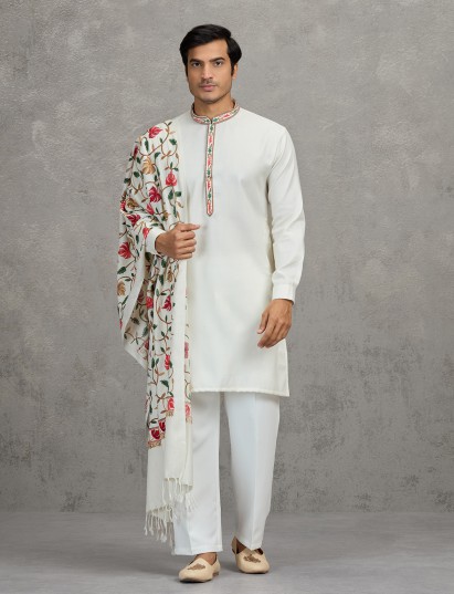 White silk pashmina classic festive kurta set with dupatta