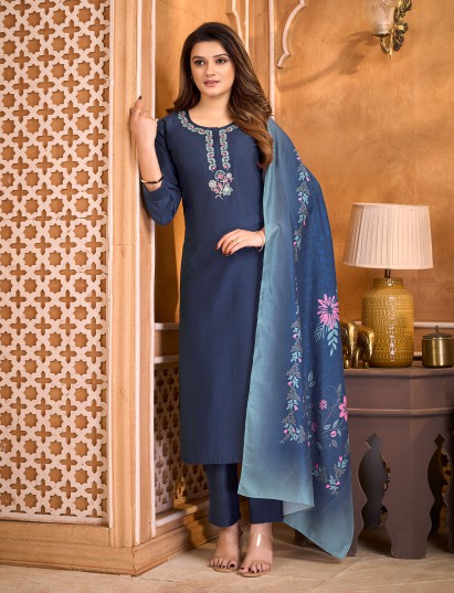Navy blue cotton silk festive embroidered salwar suit