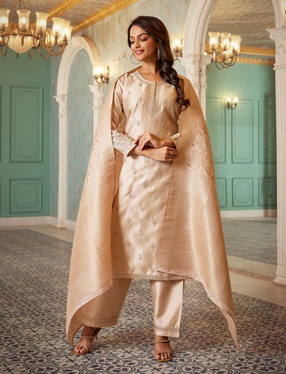 Pastel beige silk zari work festive salwar suit