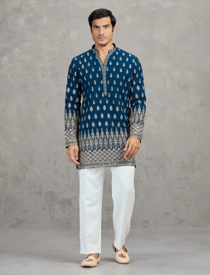 Teal blue georgette stylish embroidered kurta suit