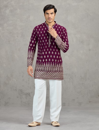 Wine georgette rich festive embroidered kurta suit