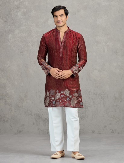 Maroon silk blend royal wedding kurta suit