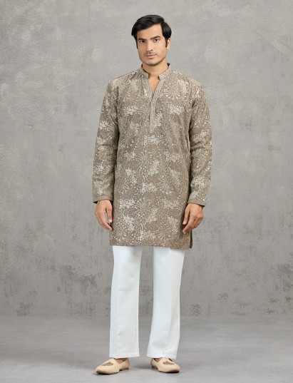 Dusty olive korean silk festive designer kurta suit