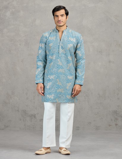Sky blue korean silk elegant festive kurta suit