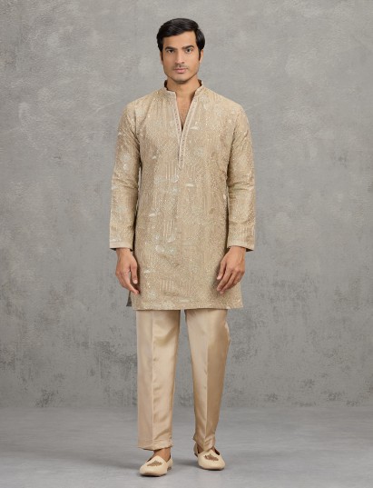 Gold tissue silk royal festive embroidered kurta suit