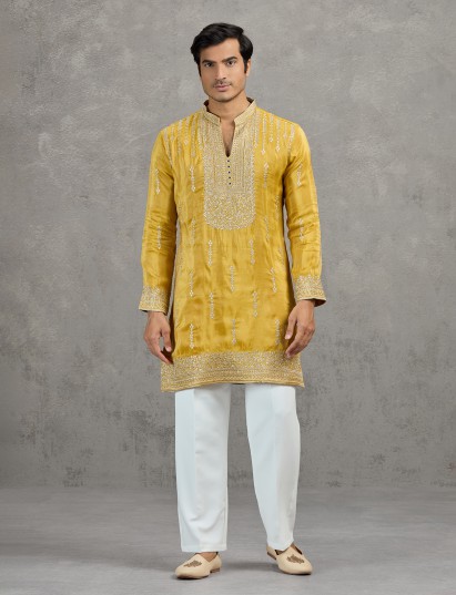 Mustard yellow shaded tissue haldi festive kurta suit