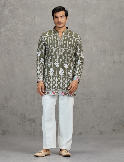 Olive short silk modern festive kurta suit