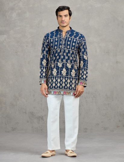 Navy blue short silk evening festive kurta suit