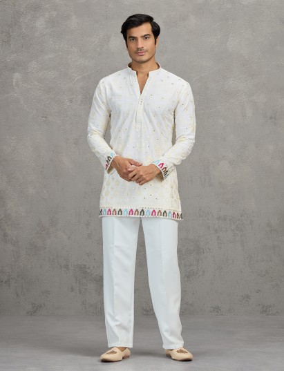 Cream short silk classic festive kurta suit