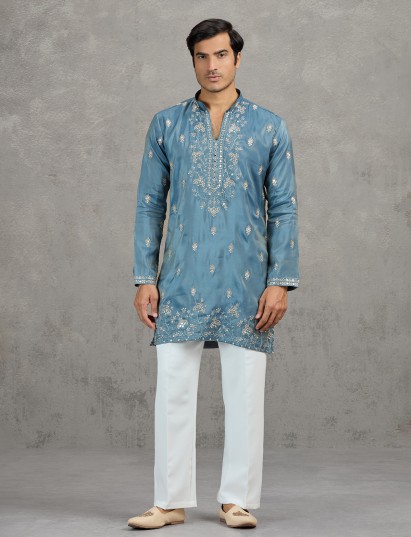 Pastel stone grey tissue subtle festive kurta suit