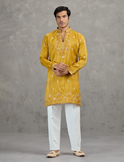 Mustard yellow tissue bright festive kurta suit