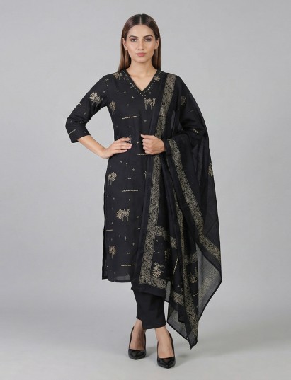 Black silk printed straight cut festive kurti set