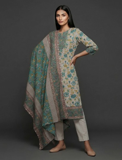 Blue off white cotton silk yoke style festive kurti set