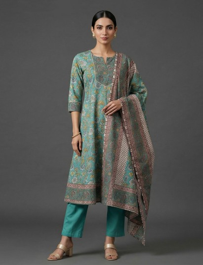 Mint blue cotton silk yoke style printed festive kurti set