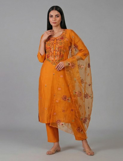Mustard yellow silk kurti set with thread work detailing