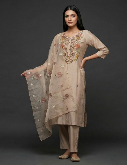 Elegant beige silk kurti set adorned with thread work