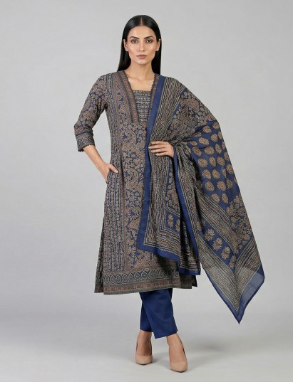 Navy blue cotton kurti set featuring classic printed dupatta