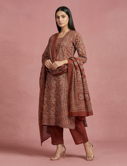 Brown cotton kurti set with traditional prints and dupatta