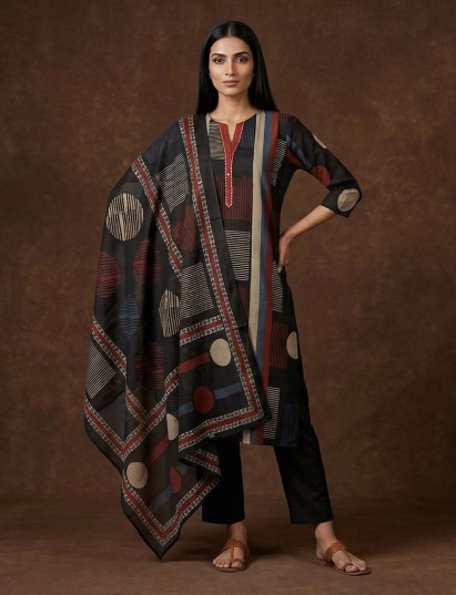 Black straight cut cotton kurti set