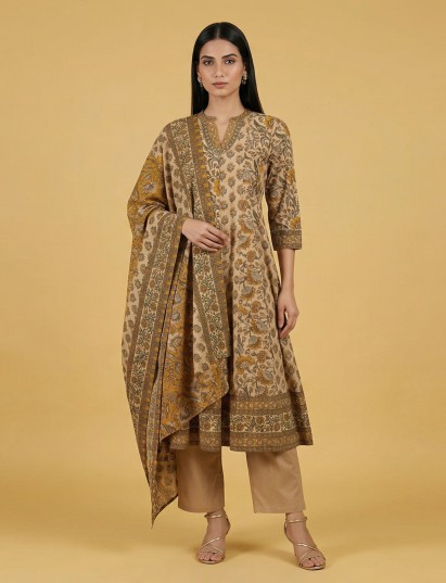 Beige printed cotton kurti set with dupatta